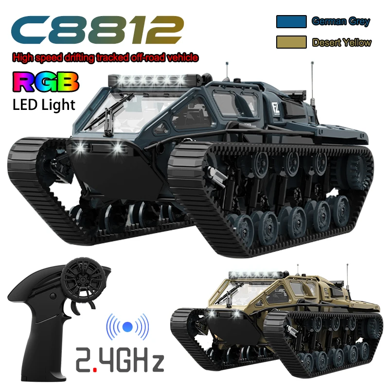 JJRC C8812 RC Tank LED Light Full Scale Tracked Tank Simulation Model Toy Drift Remote Control Off-Road Vehicle Boy Gift RC Car