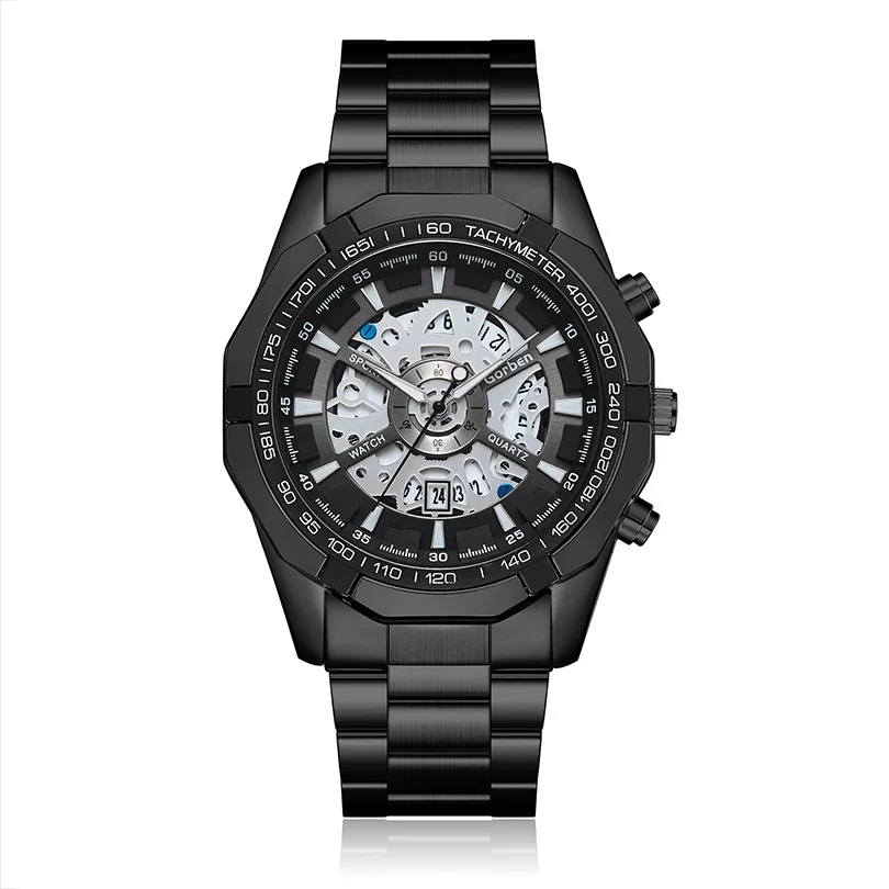 Luxury Men Watch Men's Quartz Wristwatch Black Sliver Blue Band Skeleton Dial Male Steampunk Reloj Sliver Band Man Unusual Clock