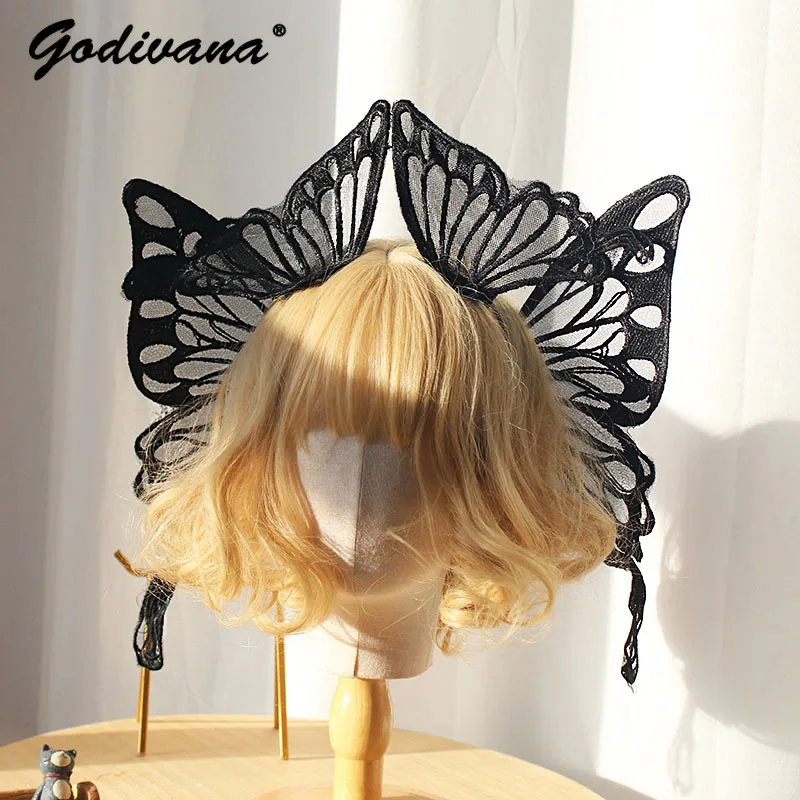 Handmade Black and White Concave Butterfly Wing Side Clip Ghthic Girl Women's Lolita Lace Wings Hair Accessories Hairclips