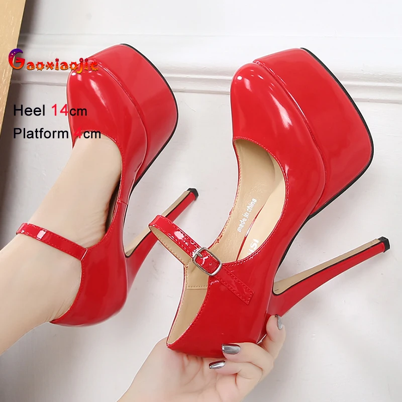 

Весенне-осенние красные женские туфли-лодочки на тонком каблуке 14 см, платформе 4 см, с круглым носком, неглубоким вырезом, ремешком на щиколотке, для вечеринок