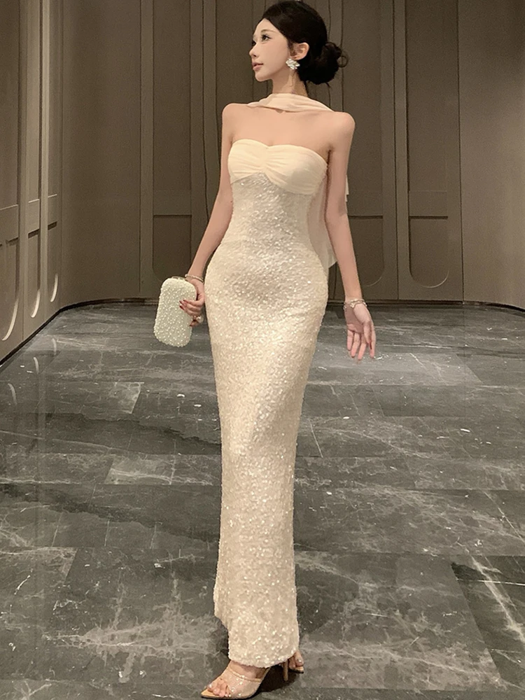 

Элегантное вечернее платье-бодикон с пайетками и пэчворком, корейский стиль, весна 2026, для женщин