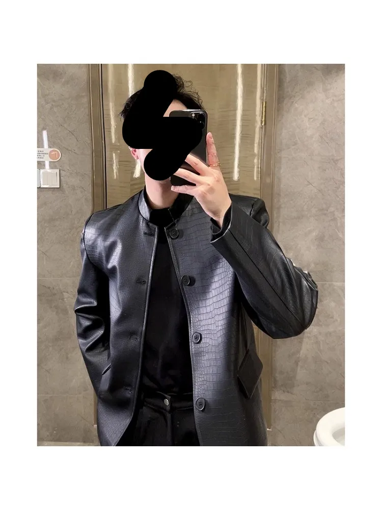 

New Chinese Sle PU Leather Jaet Men's Autumn Faion Crocodile Pattern Stand Collar Long Sve ort Length Button Door