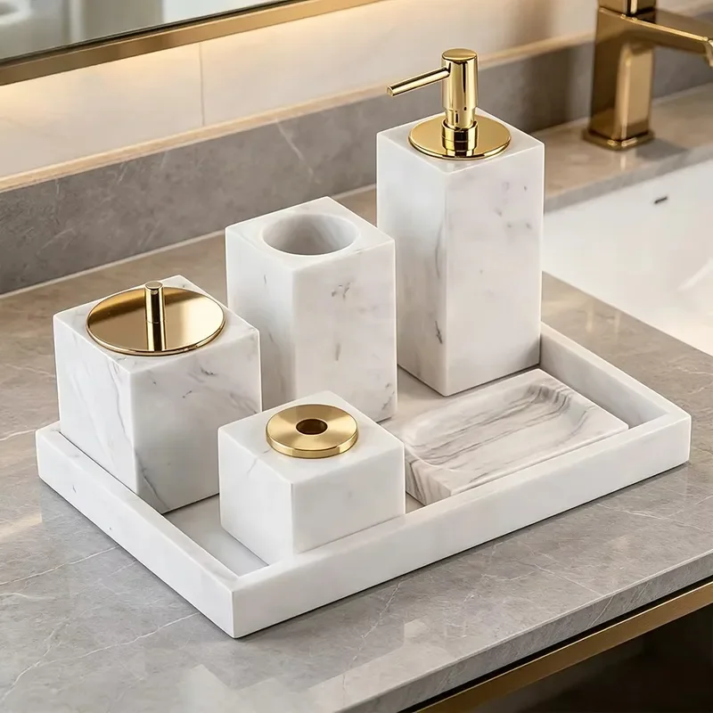 Custom Logo Durable White Natural Marble 5 Piece Bathroom Accessories Set for Boutique Hotels and Resorts