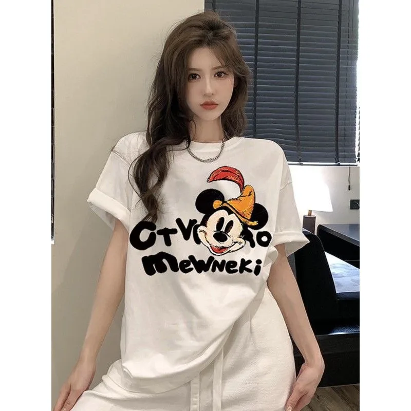 

Street INS Cartoon Mickey Print 100% Cotton Women's Short Sleeve Summer Heavyweight Loose Fit Drop Shoulder T-Shirt