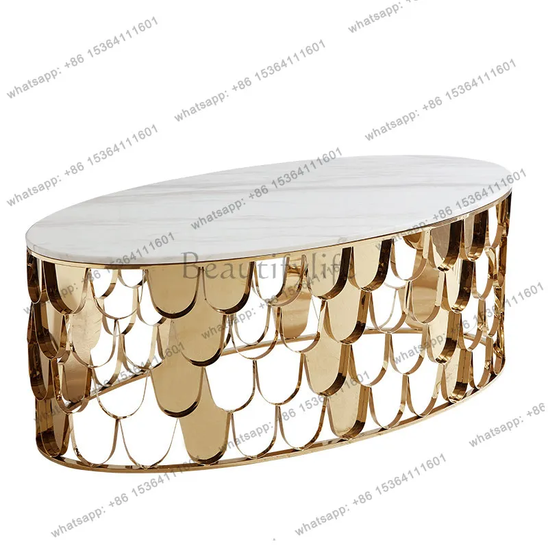LS light luxury oval marble coffee table creative stainless steel fish scale sofa Nordic living room