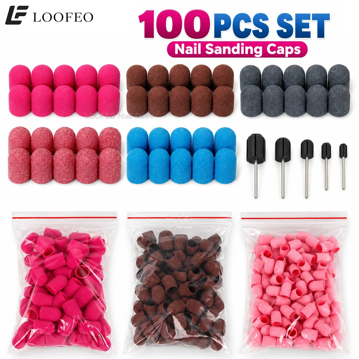 100PCS Nail Sanding Caps with 1 Mandrel Bit 80/120/180 Grit Electric Nail Drill Abrasive Sleeves for Manicure Pedicure Foot Care
