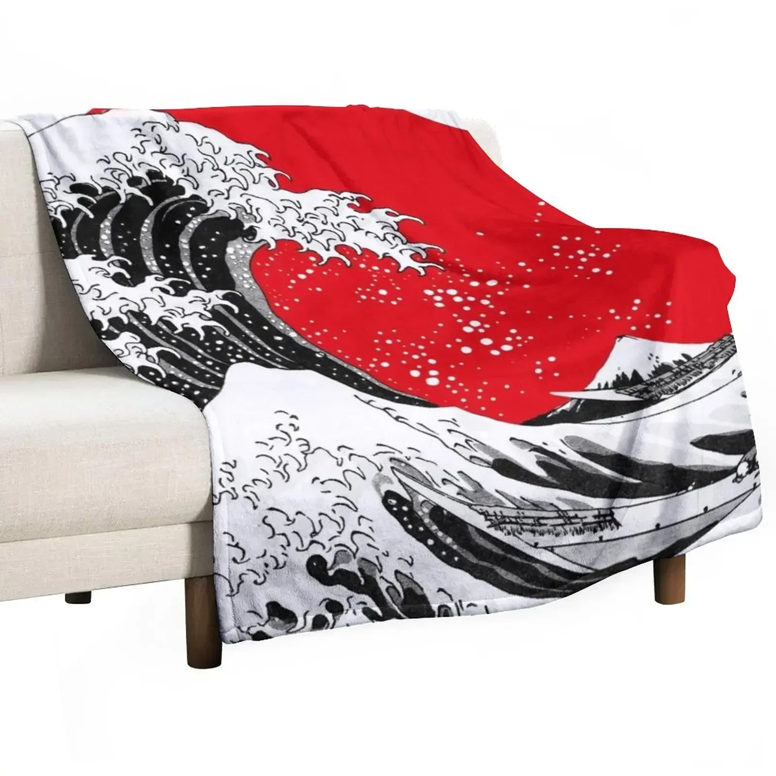 The Great Wave Off Kanagawa, Big Red Sun Throw Blanket halloween wednesday Blankets