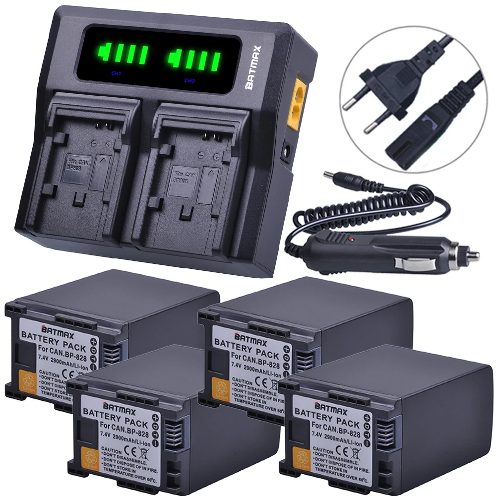 Batmax 4pcs 2900mAh BP828 BP 828 Battery+Rapid LED Dual Charger for Canon BP-820 LEGRIA iVIS VIXIA HF G30 G40 XA20 XA25 XA35