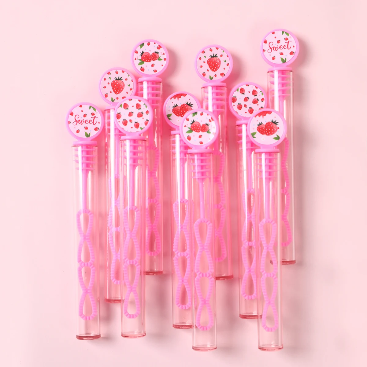 Tubo de burbujas de fresa fino DIY, 10/20 piezas, sin burbujas de agua, decoraciones para fiesta de cumpleaños de fresa rosa, regalos para niños