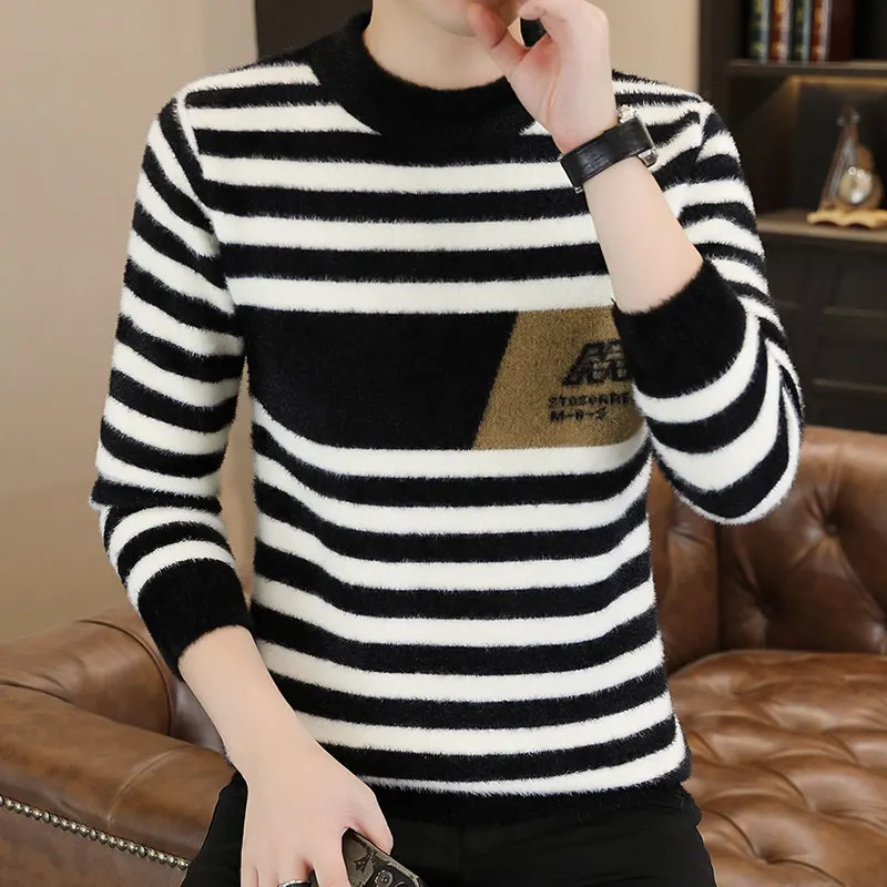 

Men's f High Collar Mink Velvet Knitted Sweater Color Blo High End Gold Mink Double Sided Fce Stripe Knit Base irt ...