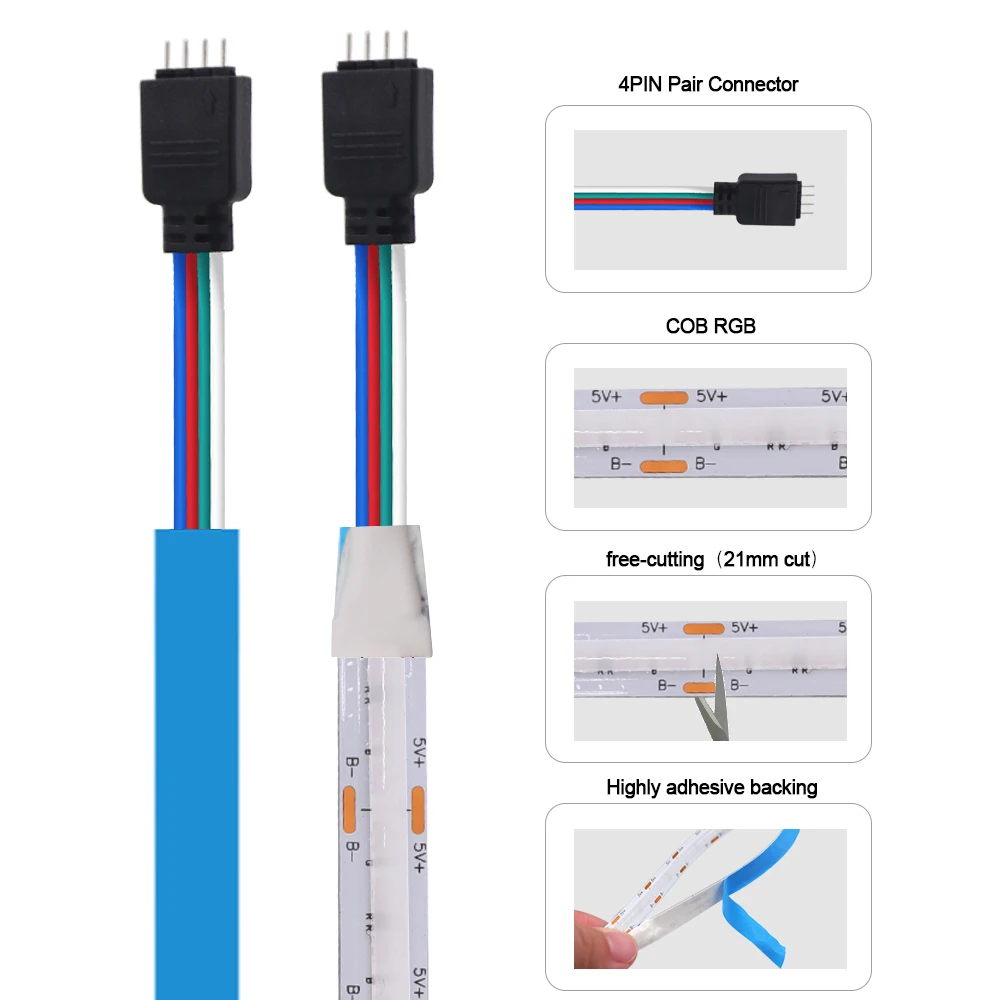 5V RGB USB Powered COB Light Strip 576LEDs/M Bluetooth APP Adhesive Tape 24key 44key Remote Kit Music TV Backlight Flex Lighting