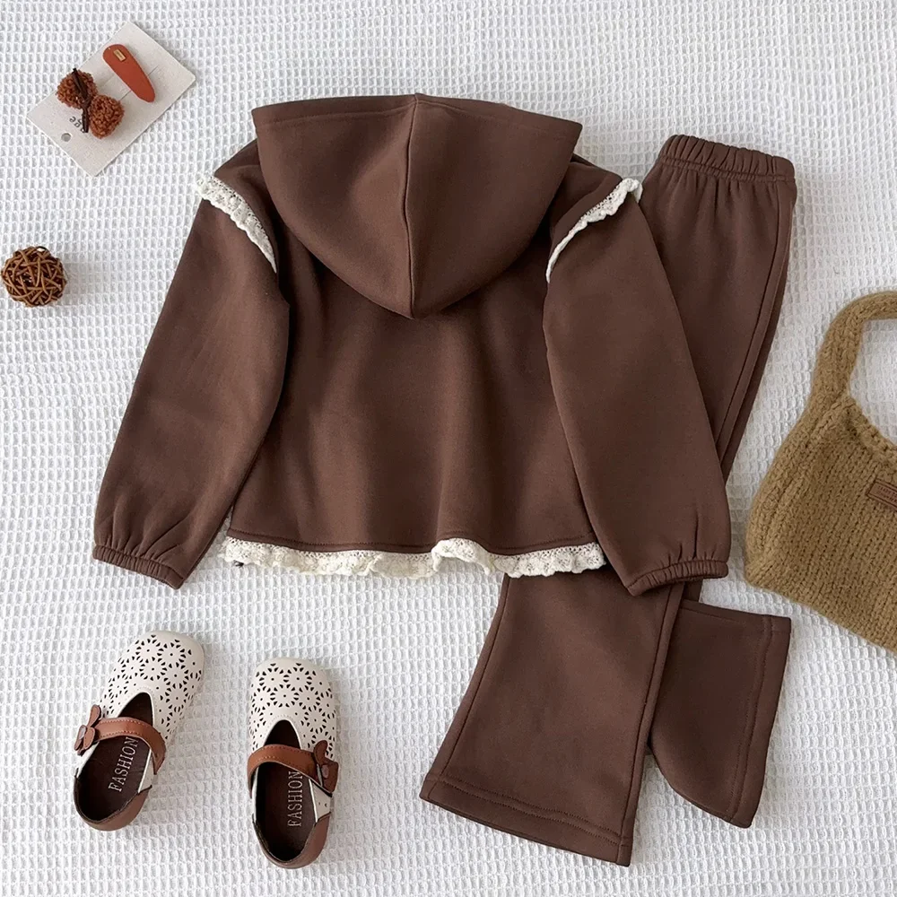 Spring and Autumn Fashion New Coffee Color Children's Two Piece Set Casual Sports Girls' Clothing Long Sleeve Hoodie + Pants