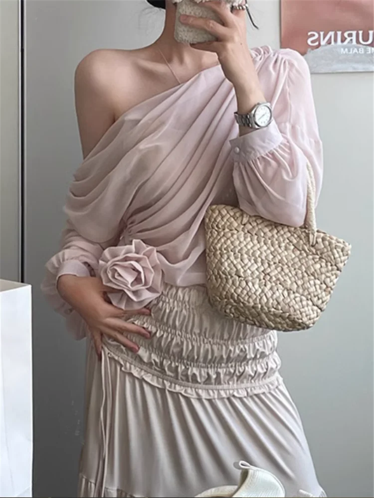 

Summer Chiffon 2 Pieces Dress Sets Irregular Off Shoulder Pink Shirt Top&Apricot Long A Line Skirt Suits 2pc Matching Outfits