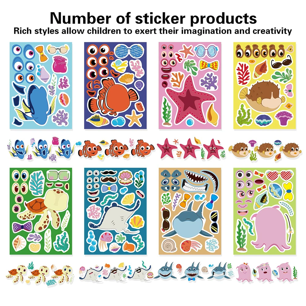 8/16Sheets Make a Face Ocean Animal Puzzle Stickers Create Your Own Shark Turtle Children Sea Themed Game Jigsaw Kids Toys Gifts