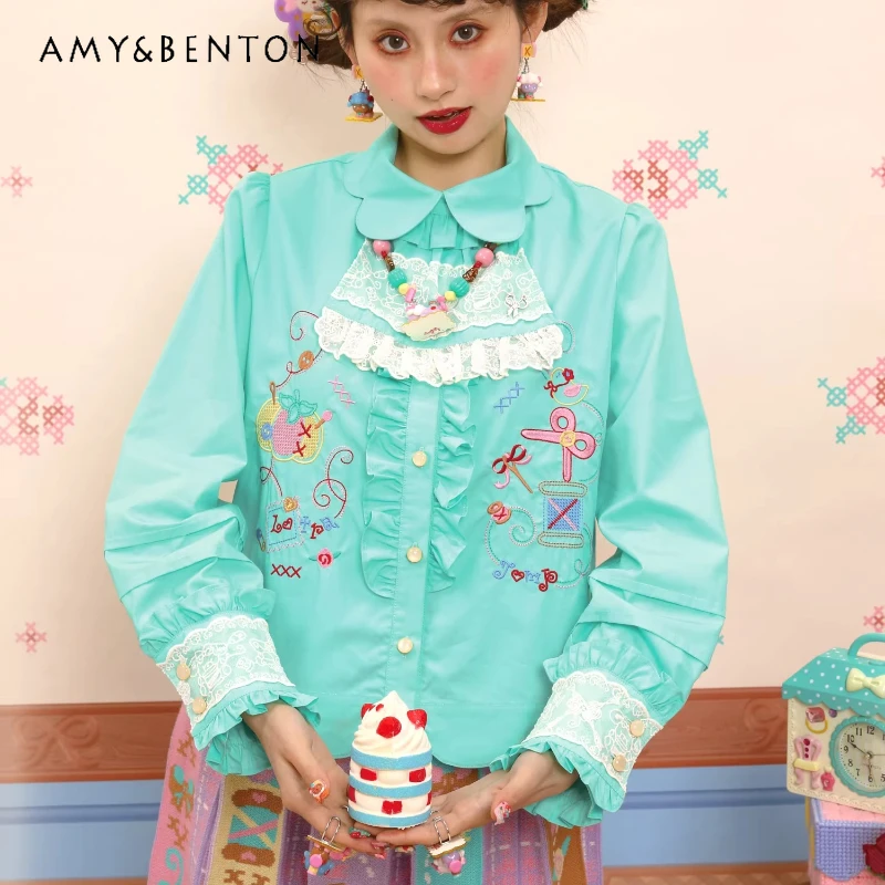 

2026 Spring Autumn New Cute Peter Pan Collar Embroidered Women's Shirt Japanese Retro Design Turquoise Versatile Shirts Ladies