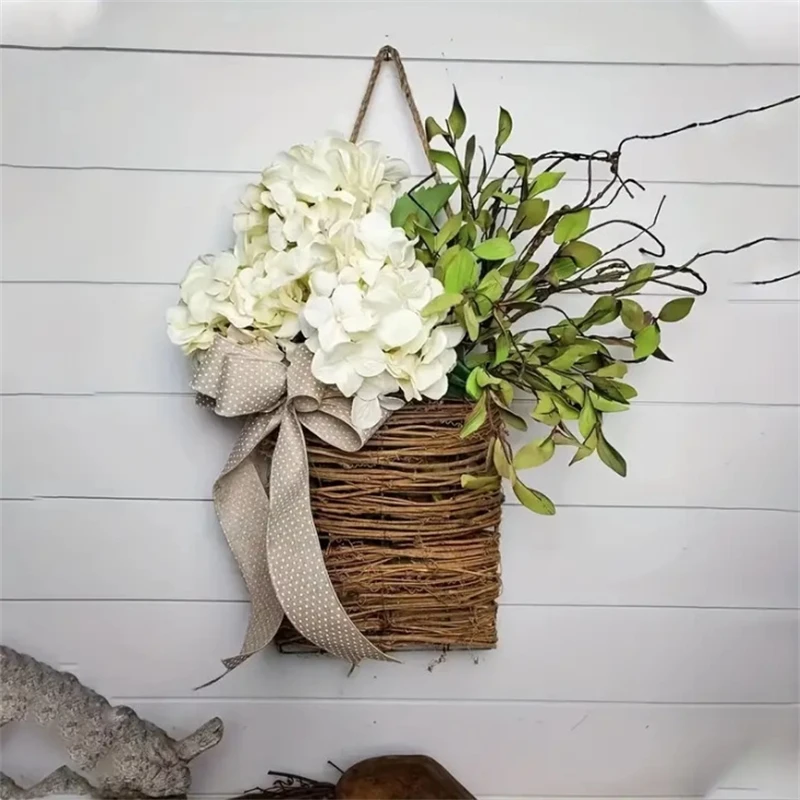 

Spring Hydrangea Wreath Basket Artificial Flower Vine Door Hanging Decor Floral Arrangement For Home Garden Wedding Party