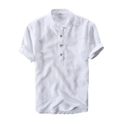 Short Sleeve Shirts For Men Fashion Summer Cotton Linen Loose Pullover Blouse Male Solid White Casual Tops Oversize 5XL