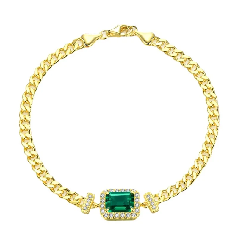 

6x8mm Lab Grown Emerald Cuban Chain Bracelet 14K Gold Plated Fine Jewelry 925 Sterling Silver Emerald Charm Bracelets Bangle