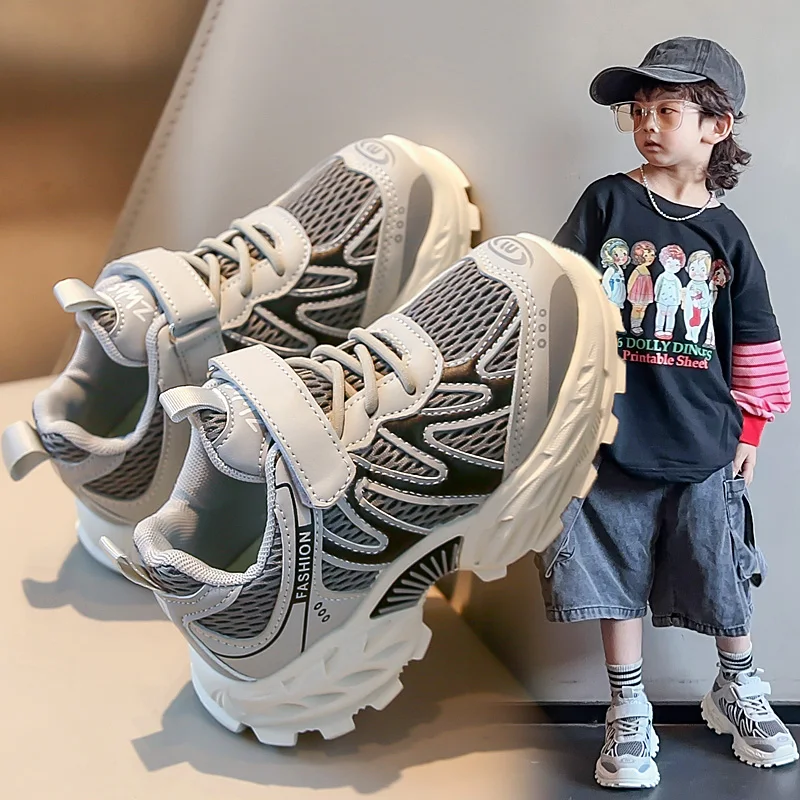 

Kids Running Shoes Hook&loop Thick Soft Sole Children Sneakers Mesh Breathable 2025 Autumn New Students Casual Shoes Non-slip