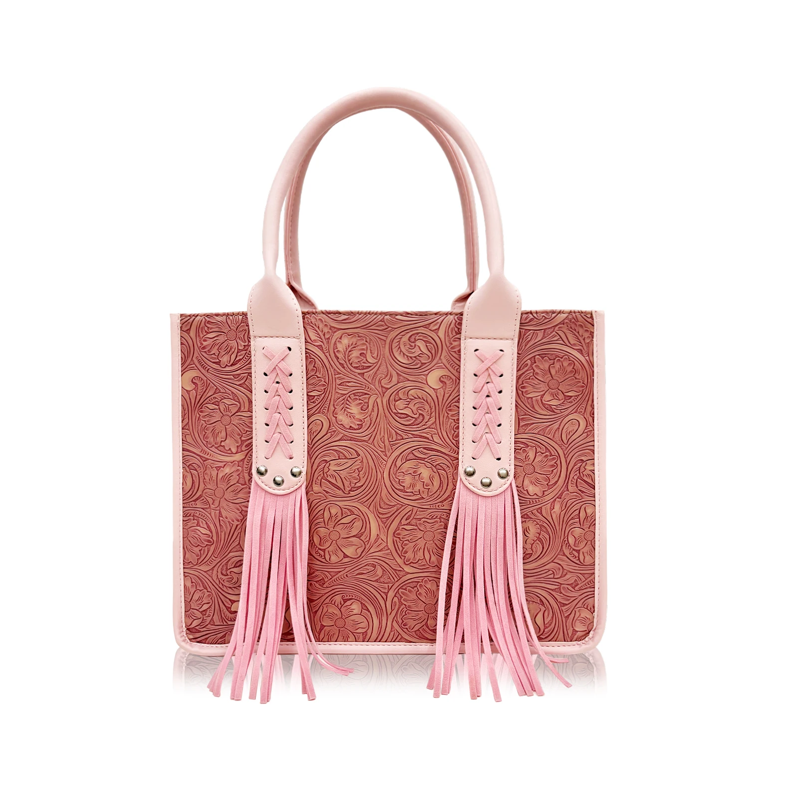 

Ethnic style plant pattern embossed printing fixed handbag pink tassel shoulder bag personality contrast color large-capacity zi