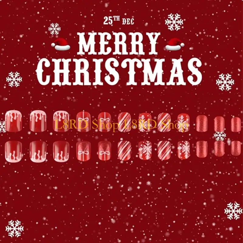 L8RD 24Pieces Holiday Glitters False Red Snowflake Patterns Square Tip NonToxic Art for Christmas Parties Event