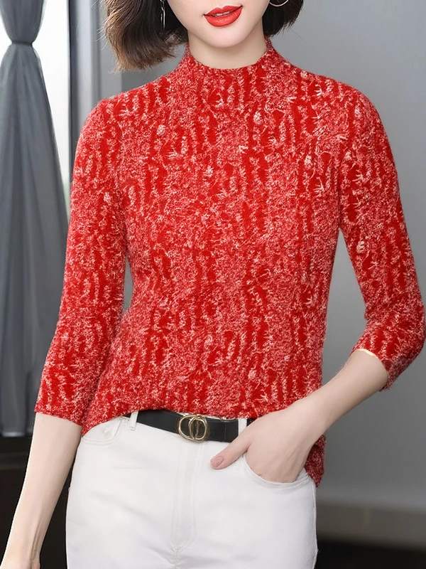 

Элегантная женская футболка с полувысоким воротником и принтом, с длинным рукавом, модный омолаживающий топ для женщин среднего возраста