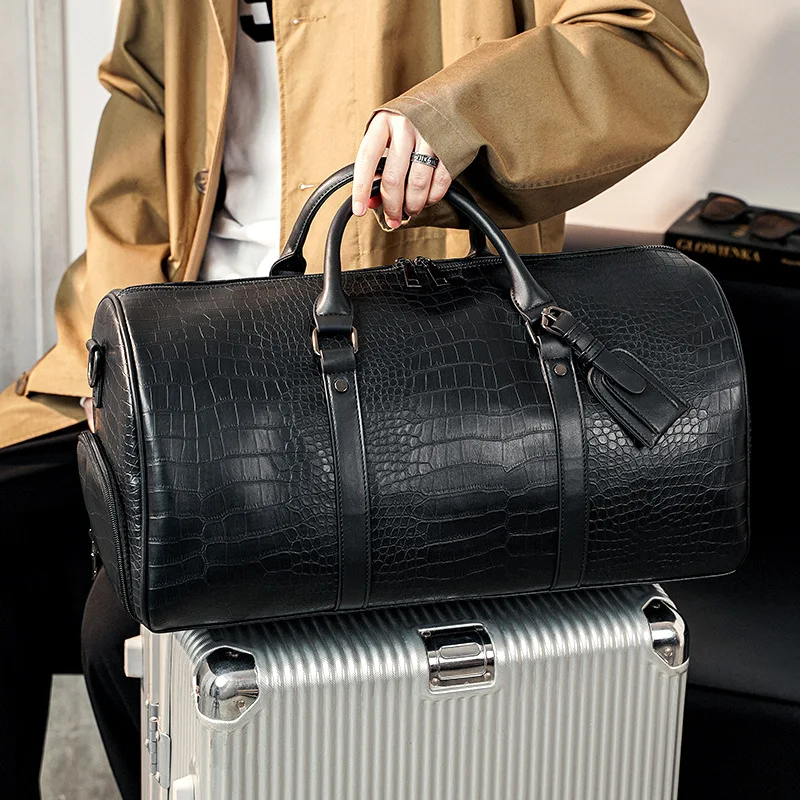 

Travel Tote Crocodile Grain Handbag Casual PU Leather Shoe Pocket Male Fitness Luggage Duffle Shoulder Sports Business Bag Men