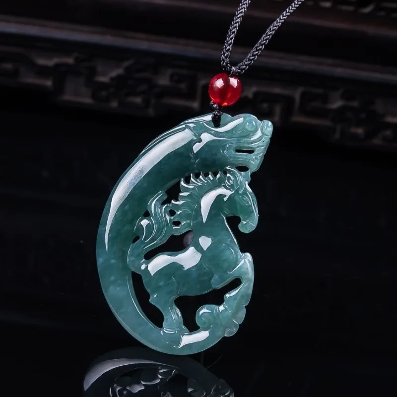 

Real Natural Myanmar Emerald Blue Water Jade Hollow-out Horse Card Pendant Necklace Carved Jewelry Fashion Amulet Certificate