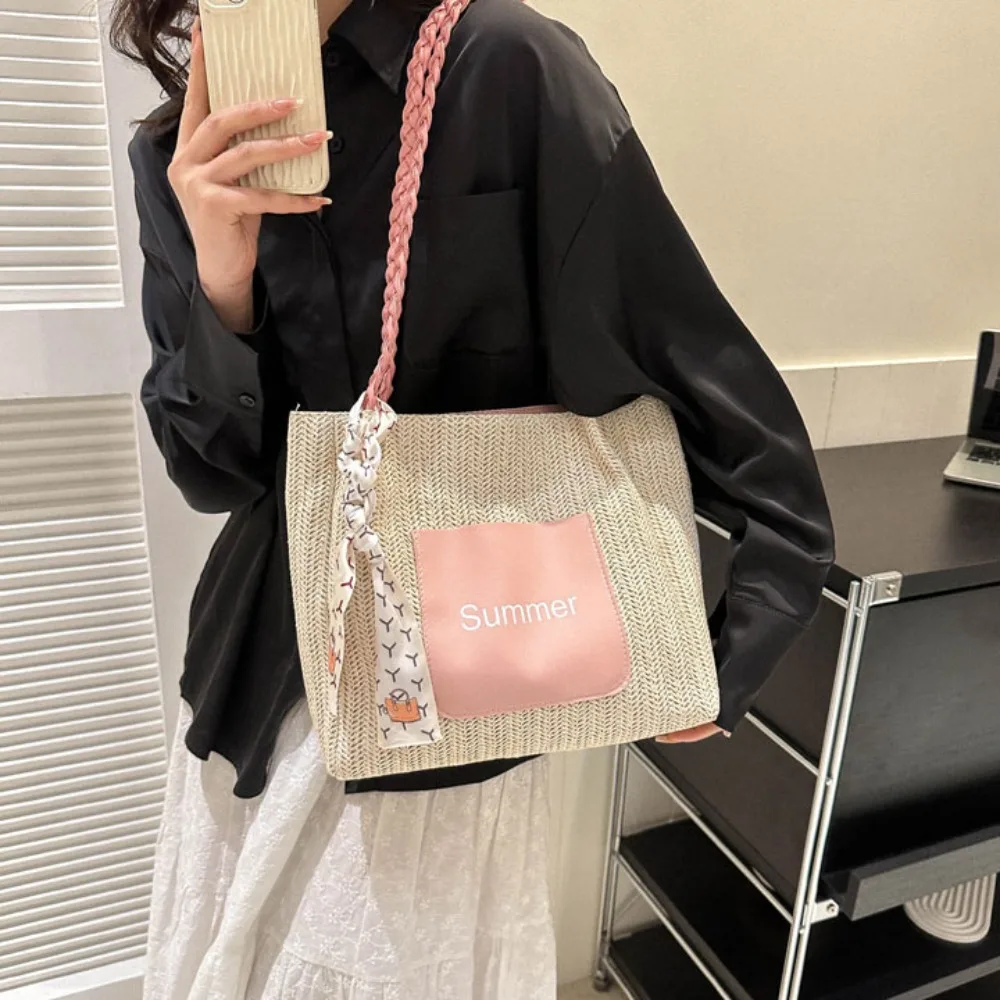 Trendy Straw Woven Scarves Tote Bag Casual Shoulder Bag Beach Bag Daily Commuting Bag Underarm Bag Large Capacity Handbag