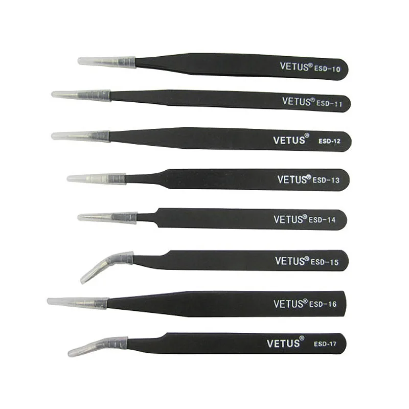 VETUS ESD Anti‑Static Precision Tweezers Kit 8 Pcs Straight Bent Tip Manual Tools for BGA Rework Welding Electronic Maintenance