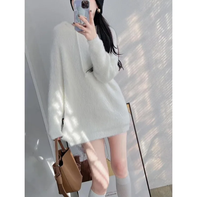 Pullover Autumn and Winter Sweater Women Imitation Mink Fleece Hooded Pullover Mid length Loose Solid Forest Knit Sweater Female