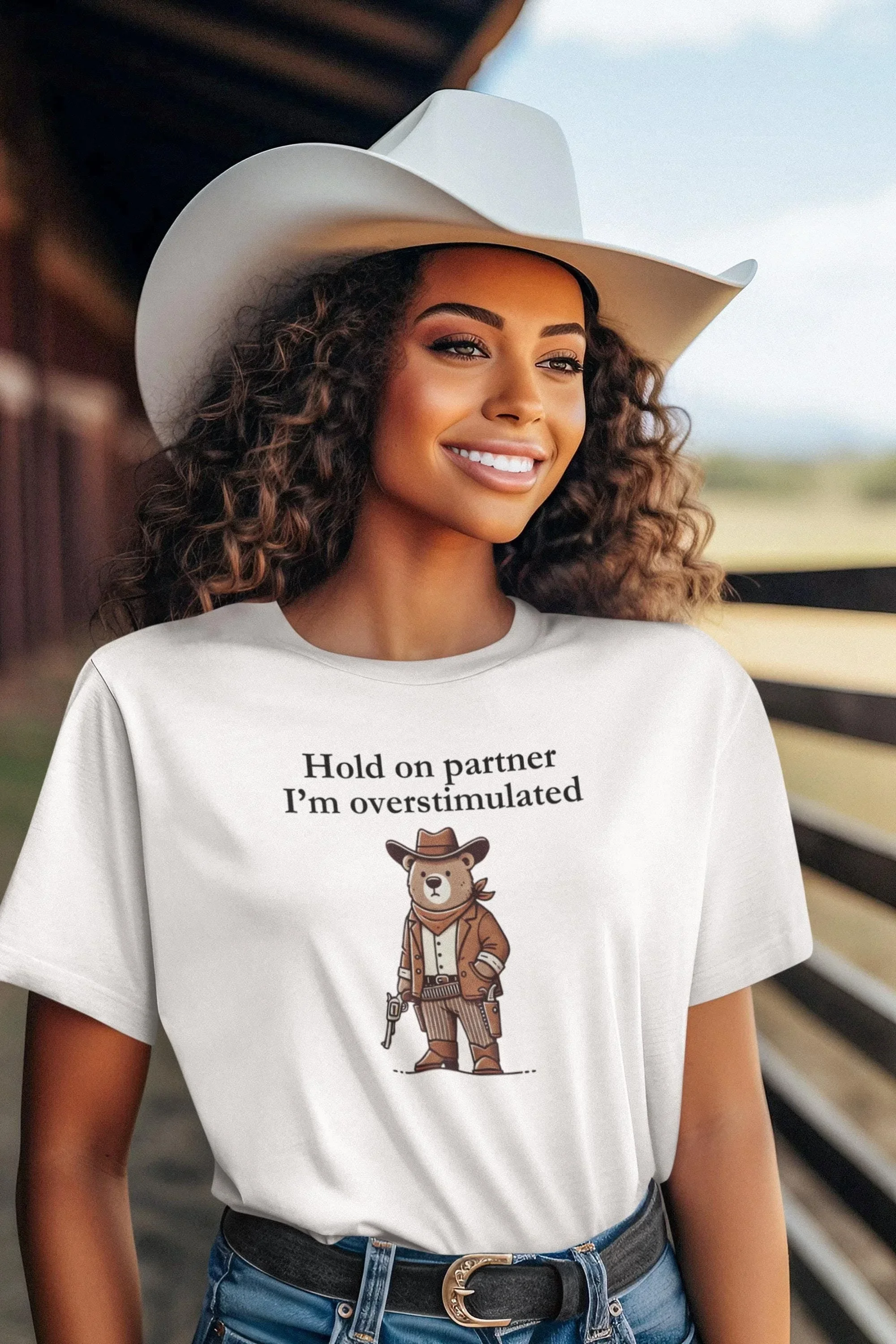 Hold On Partner I m Overstimulated T Shirt Cowboy Bear Funny Weirdcore Trending Quotes Western Mental Health