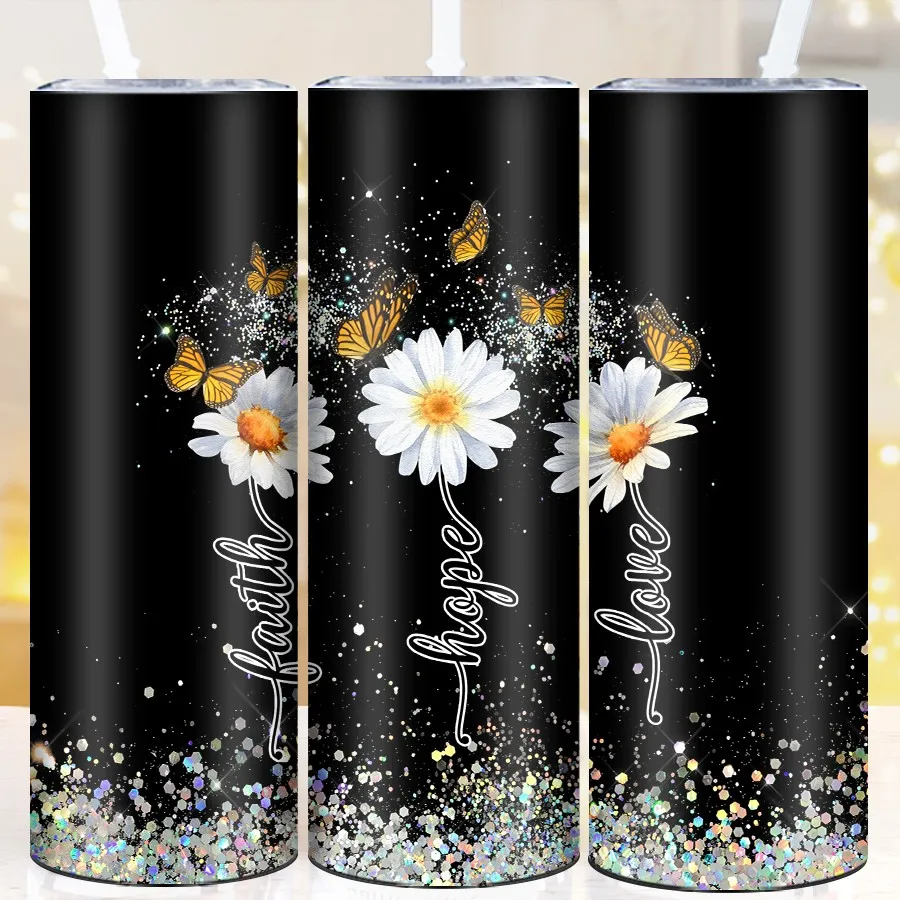 1Pc 3D Print Dandelion Butterfly Party Tumblers With Straw Lid 20oz Stainless Steel Seamless Inflated Water Bottle Vacuum Cups