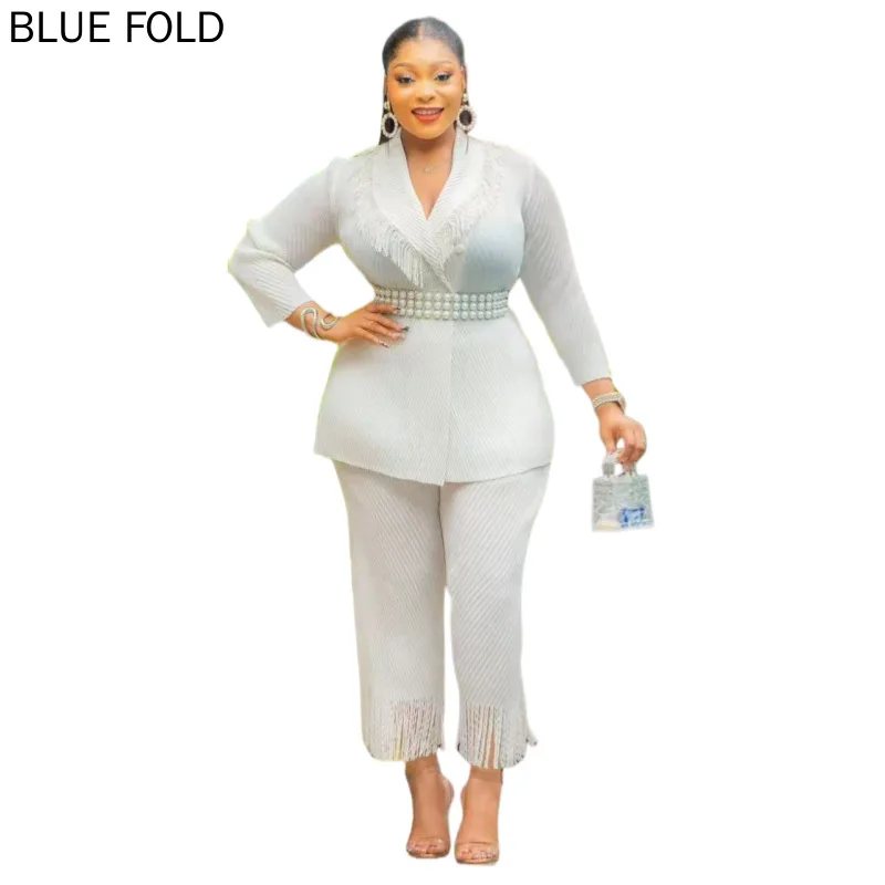 MIYAKE-Ensemble deux pièces élégant pour femme, grande taille, plis en écailles de poisson, frange, mode européenne et américaine, vêtements décontractés