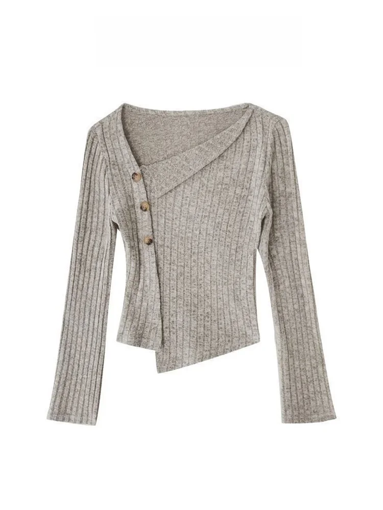 

Женский вязаный свитер Spicy Girl с длинными рукавами, осенне-зимняя базовая кофта с асимметричным дизайном и одной пуговицей