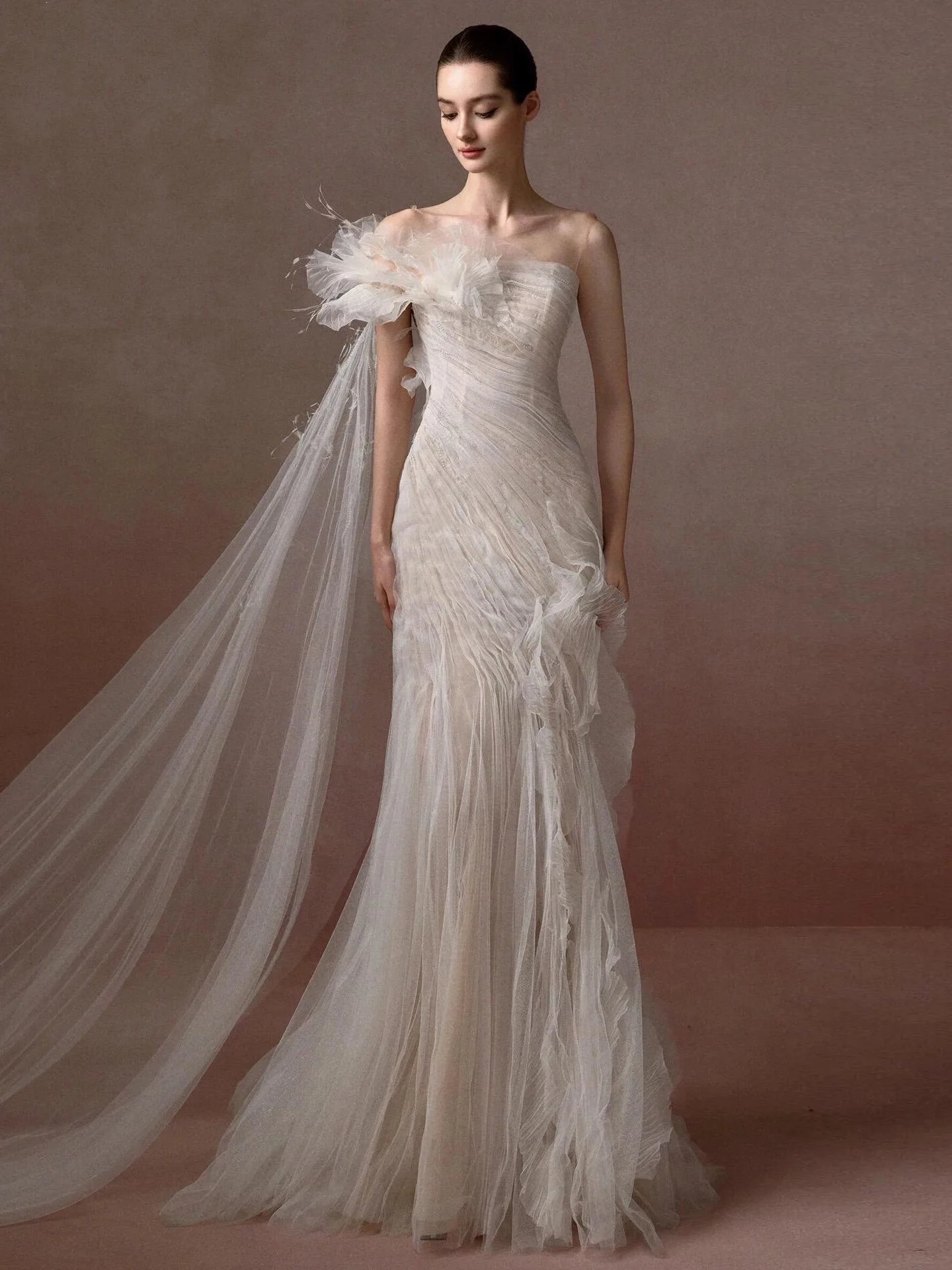 

Elegant Tulle Ruched Mermaid Prom Dress Engagement Wedding Dress for Graduation Adult Ceremony Party