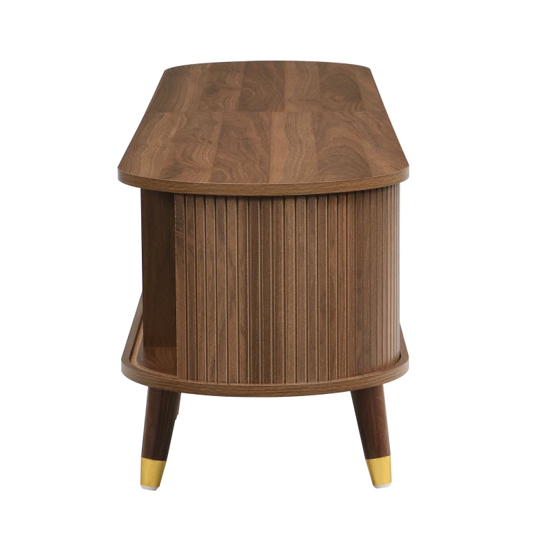 Meuble TV 175 cm avec porte coulissante en rotin, aspect noyer et beaucoup d'espace de rangement – Table TV style campagnard en MDF avec compartiments ouverts, tiroirs et armoire – Design naturel