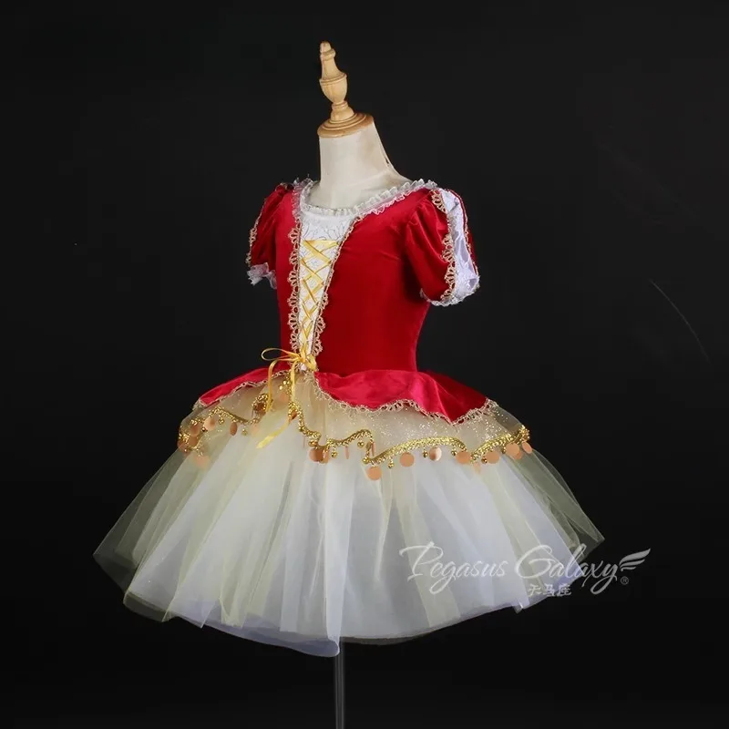 Vestido tutu de balé retrô vermelho, vestido de sino com design de palco, roupa de dança, gola de renda, manga bufante, vestido de princesa para meninas e mulheres