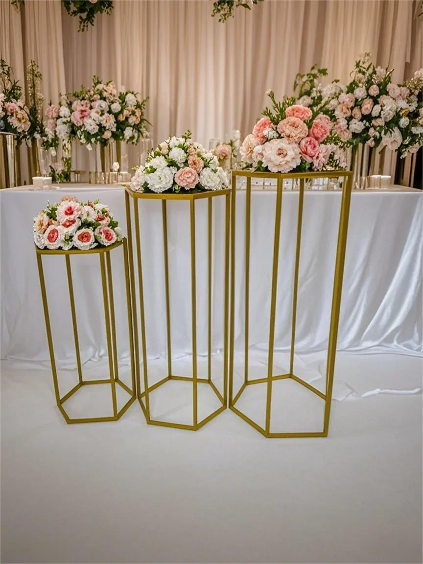 3 Pack Gold Hexagonal Cylindrical Dessert Table Stand Wedding Flower  Party Cake   Valentine's Day Decoration