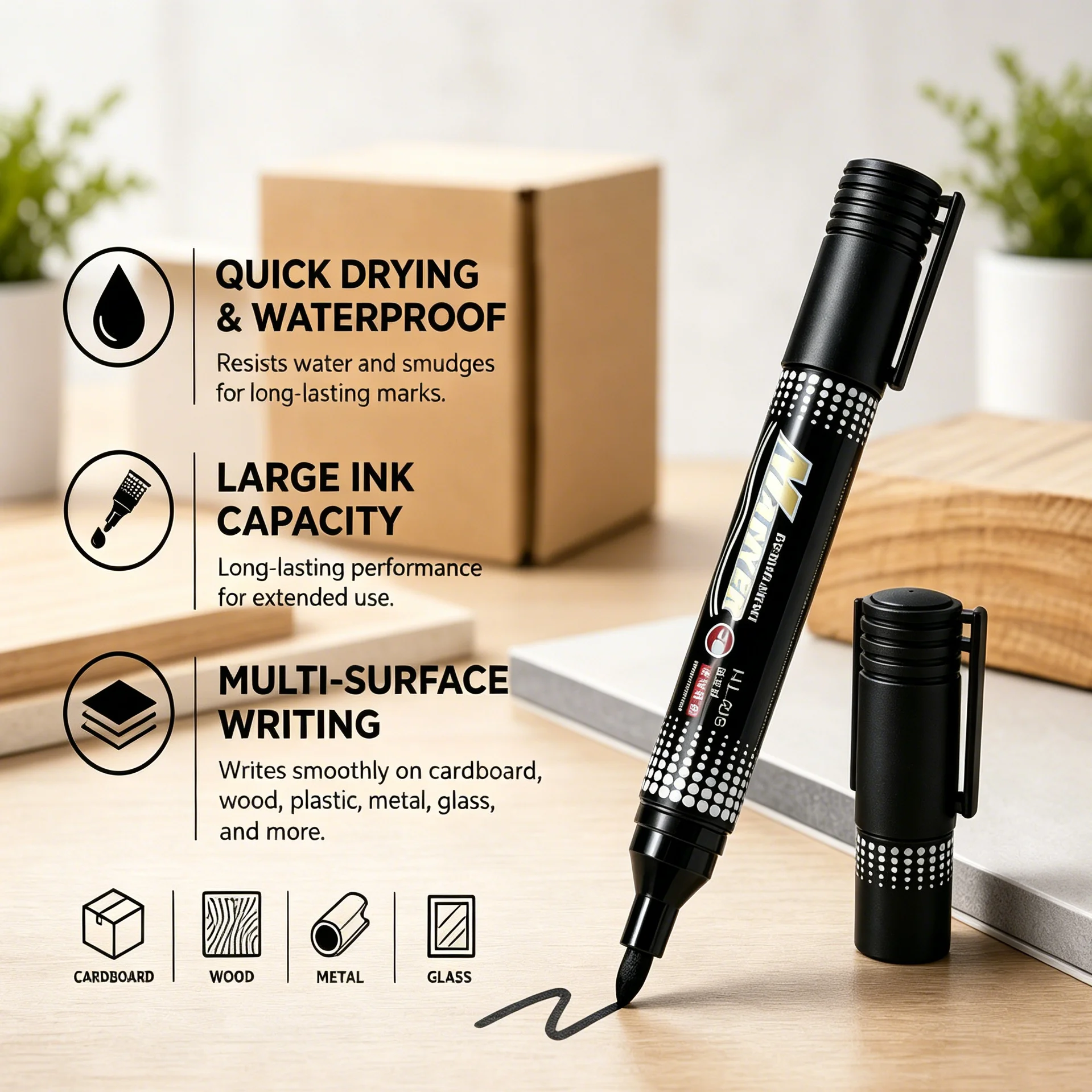 Black Permanent Marker Pens 10Pcs Set Waterproof Non-Fading Quick Dry Markers for Logistics Express Shipping Office Supplies