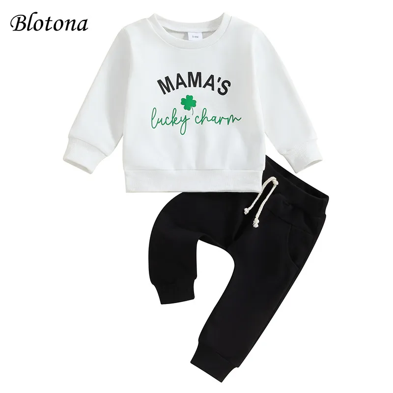 

Blotona Toddler Boy Fall Set, Long Sleeve O-Neck Letter Print Tops + Elastic Drawstring Pants St. Patrick's Day Lucky Outfits