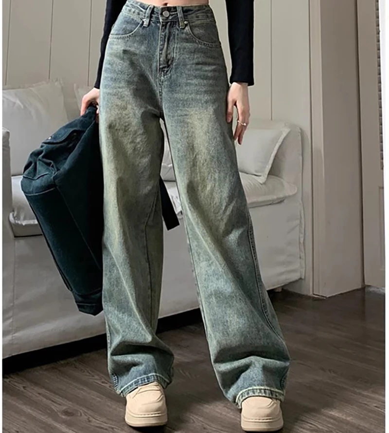 Retro gewaschene Vintage-Jeans für Frauen im Herbst und Winter hoch taillierte gerade Bein lose Hose mit weitem Bein Freizeit hose