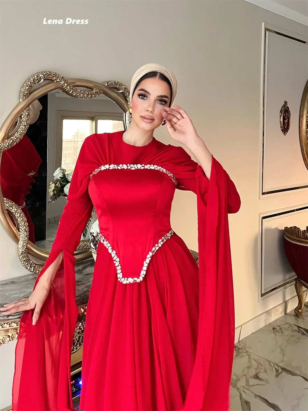 Lena Long Sleeves Luxurious Women's Evening Dresses for Special Occasions Elegant Woman Party Dress Round Collar Muslim Gem Prom