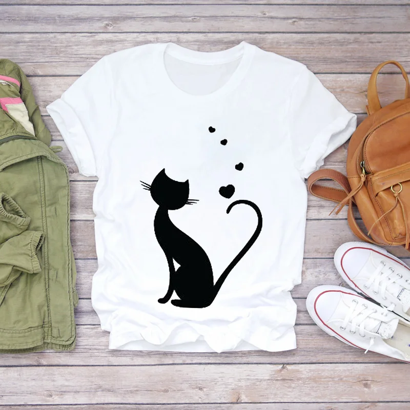 T-shirt à manches courtes pour femmes, vêtement de voyage, imprimé chat, amour, battement de cœur, patte d\'animaux, années 90