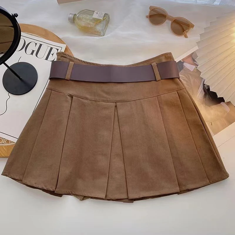 Solid Belt Mini Skirt Women Streetwear High Waist Black Pleated Skirts Preppy Korean Fashion Casual All Match A Line Skirt New