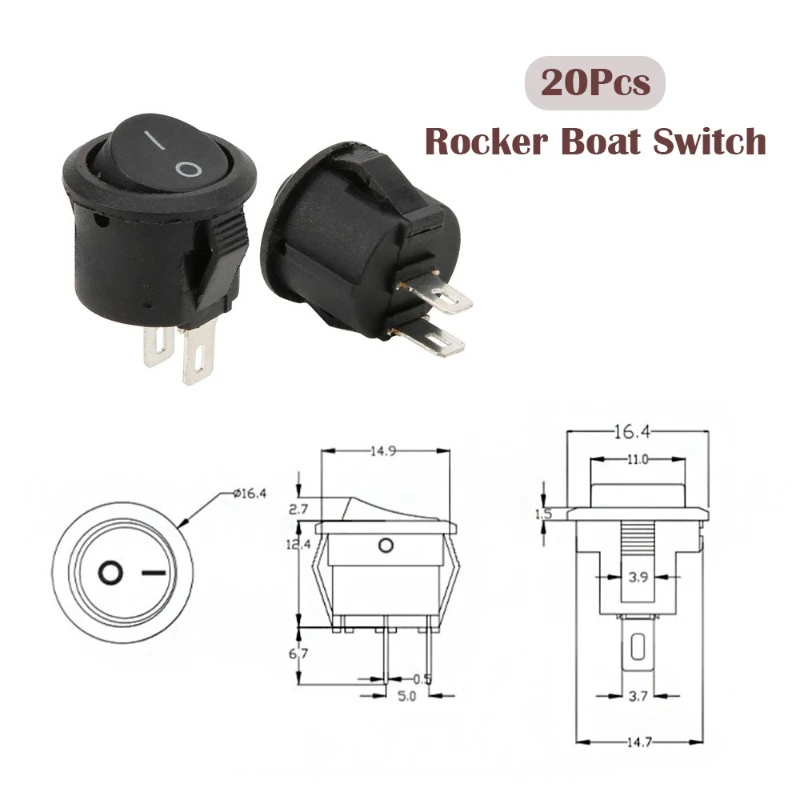20Pcs Snap-in ON-Off 2 Pin Round Snap Rocker Boat Switch Black AC 250V 3A 125V 6A KCD11 for Household Appliances Replacement