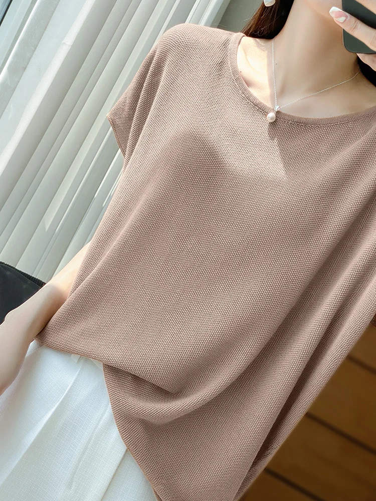 Oversize Women's T-Shirts Ice Silk Coolness Solid Tops Loose O-Neck Pullovers Short Sleeves Spring Summer Fashion Elegant Casual