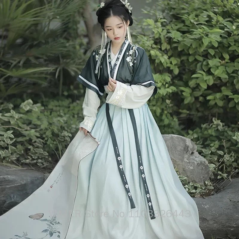 Requête Hanfu-Costumes des Prairies pour femmes, robes traditionnelles chinoises, ensemble de photographie cosplay vert, jupes de la dynastie Tang, printemps, automne