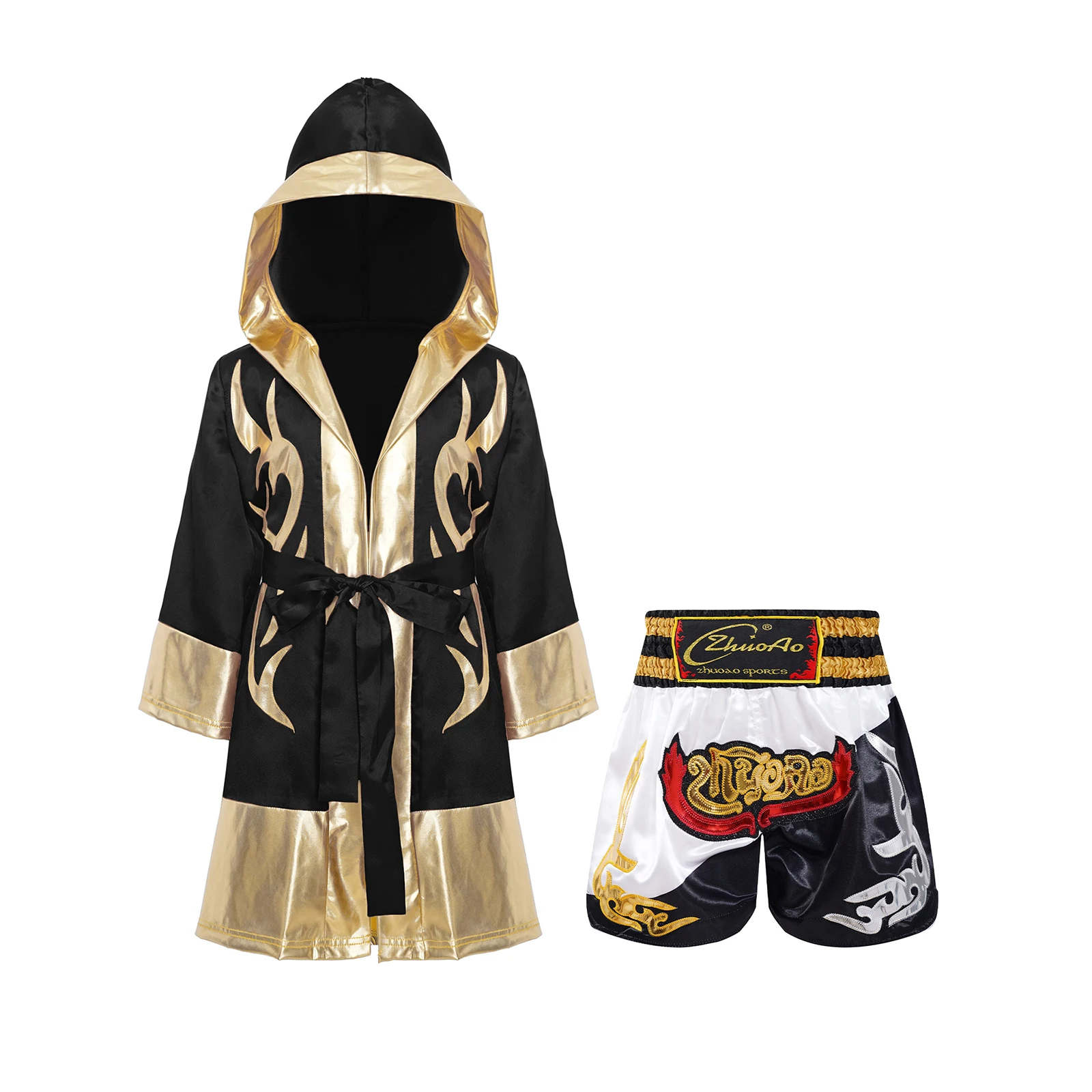 Kids Boxing Training Uniform Open Front Fighting Hooded Robe with Belt Shorts Halloween Theme Party Boxer Performance Costume