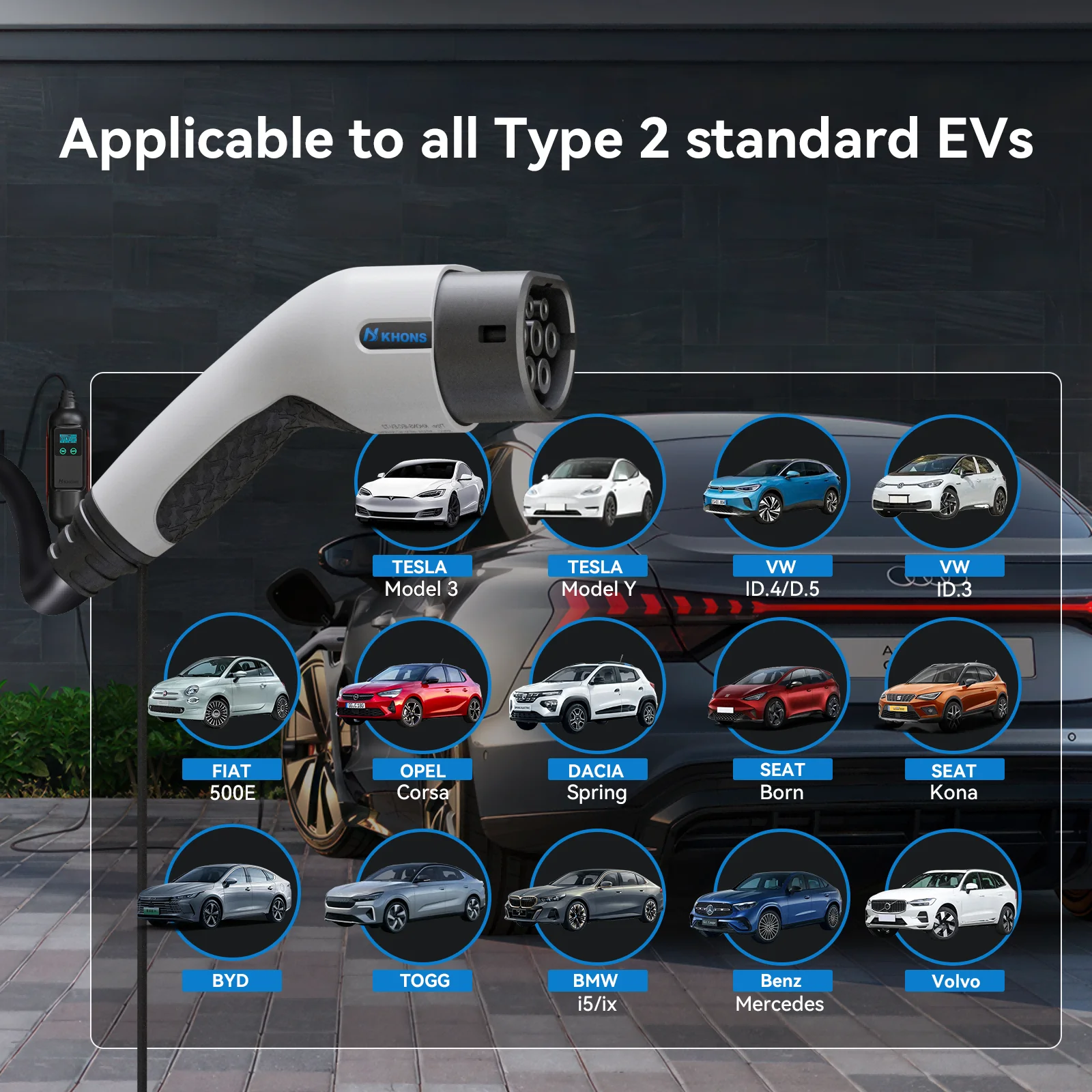 Khons Type2 EV Charger 22kw 32A caricabatterie EV portatile trifase EVSE Wallbox con spina industriale australiana per auto BYD Tesla